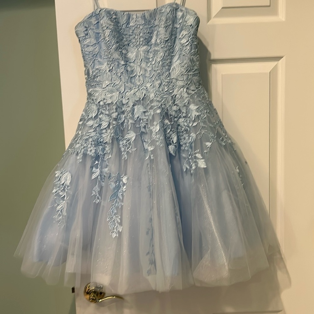Light blue strapless party dress